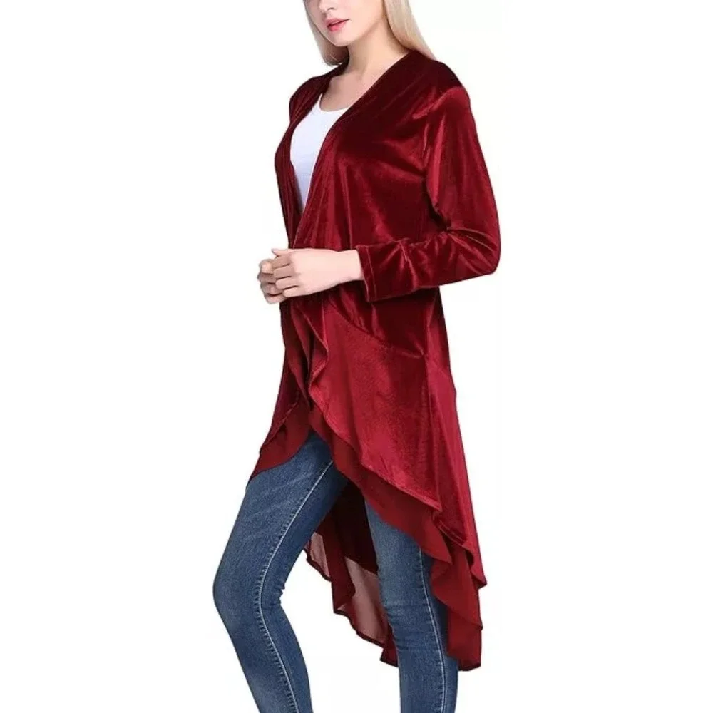 Urban CoCo Wine Red Velvet Cardigan Coat w/‎ Asymmetric Chiffon Hem Open Front M